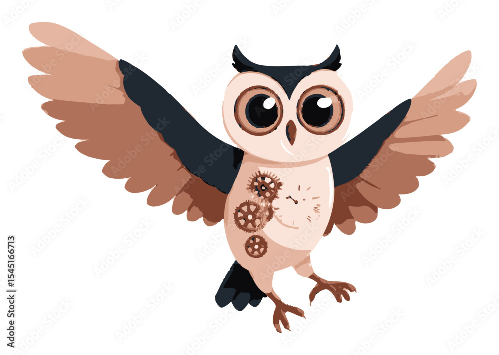 Obraz premium Cartoon Owl with Steampunk Gears and Outstretched Wings in Vector Art Style