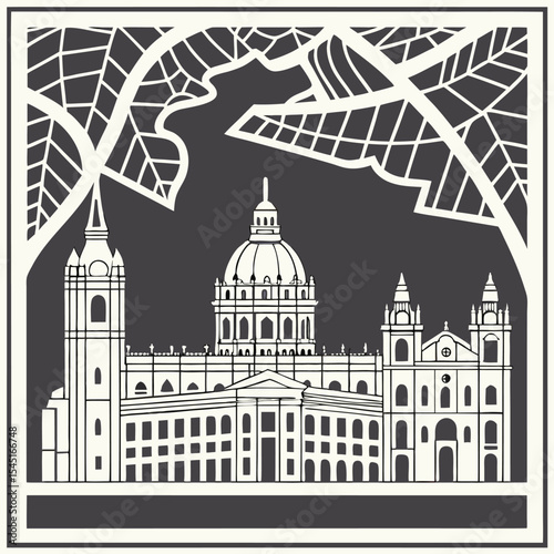 Detailed architectural building facade with dome and tree branches silhouette, cut out style artwork