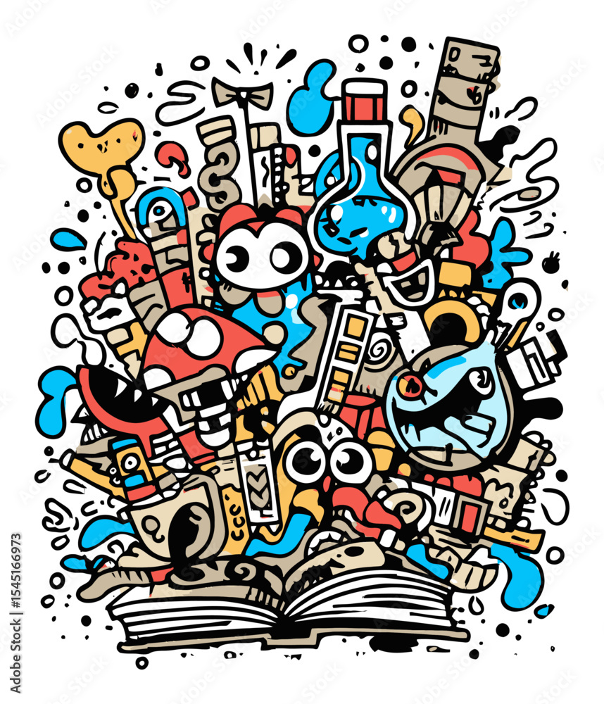 Fototapeta premium Colorful Doodle Illustrations Featuring Objects, Characters, and Science Themes