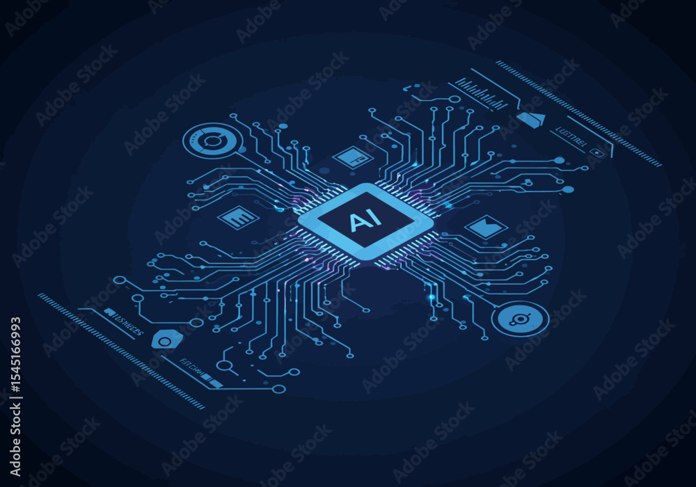 Obraz premium Isometric illustration of a central processing unit, showcasing AI technology and digital circuitry.