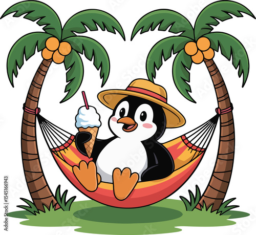 Penguin enjoys hammock under the shade of palm trees, ice cream in hand
