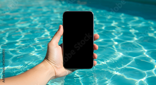 Hand holding phone over water in swimming pool summer vacation mobile device poolside technology concept