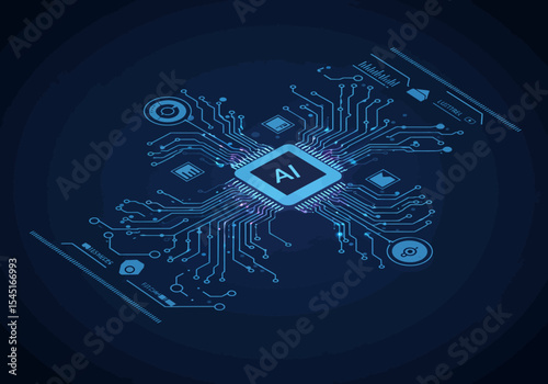 Isometric illustration of a central processing unit, showcasing AI technology and digital circuitry.