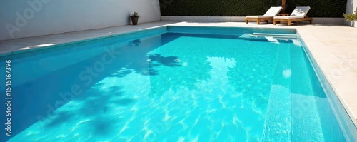 Geometrically designed swimming pool with clean lines and vibrant blue water, perfect for a relaxing summer day The pool's shape creates interesting shadows and reflections , spa, water