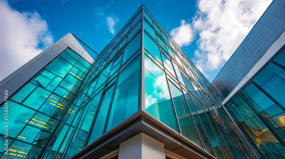Obraz premium Contemporary architecture with sharp angles and glass reflections
