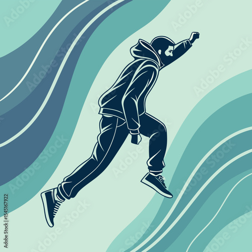 Silhouette of a man in hoodie and mask leaping forward against a wavy teal and blue background design