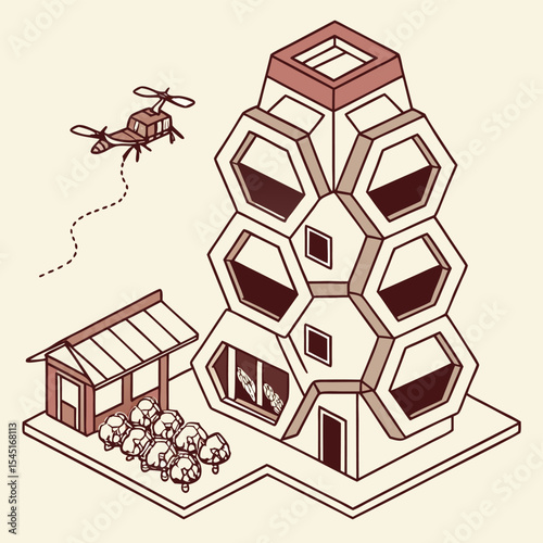 Isometric view of a building made of hexagons with a helicopter and a small building nearby