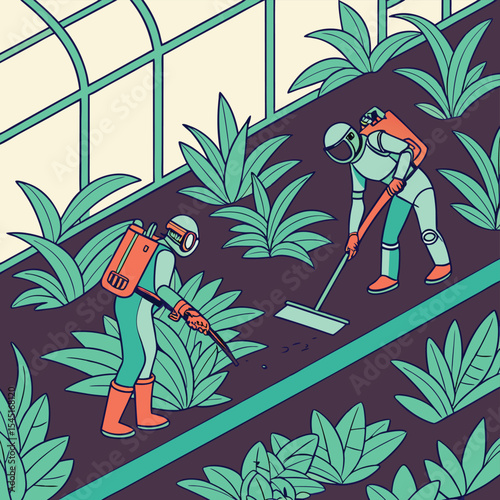 Two astronauts tending to plants in a greenhouse with one using a sprayer and the other a rake like tool