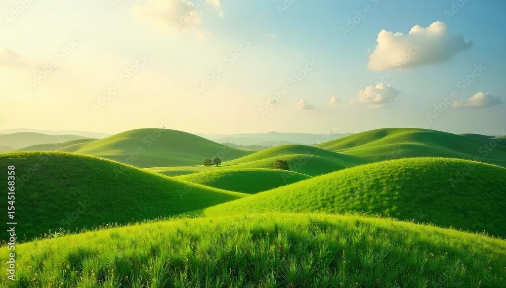 Obraz premium Serene landscape featuring a gently undulating hummock, bathed in soft sunlight, suggesting tranquility and peaceful relaxation Ideal for nature, travel, and wellness themes , knoll, flora, peaceful