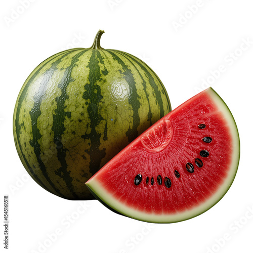 Fresh ripe watermelon with green rind and juicy red fruit slice visible isolated on transparent background