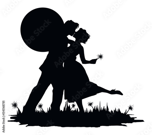 Romantic Silhouette of Couple in Love with Flower and Circular Background