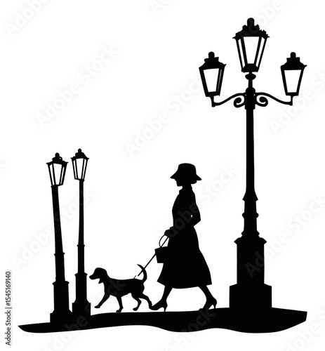 Elegant Woman Walking Dog Silhouette Near Vintage Street Lamps at Dusk