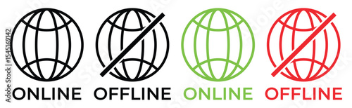 Online and Offline Internet Connection Icons – Flat Vector Set of Globe Symbols with Signal and No Signal Status in Red, Green, and Black, vector illustration.