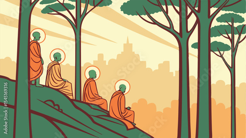 Illustration of monks meditating on a hill overlooking a city skyline with trees in the foreground
