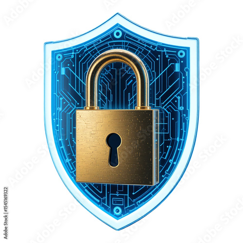Cyber security digital shield with gold padlock privacy protection icon isolated on transparent background