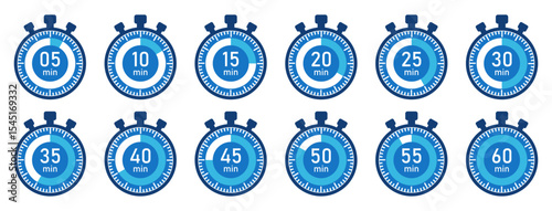 Collection of stopwatch icons showing countdown intervals from 5 to 60 minutes, ideal for fitness, time tracking, or scheduling apps and infographics. Icons, vector.