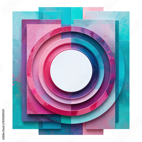 Geometric abstract layered circle frame with pink and blue design isolated on transparent background