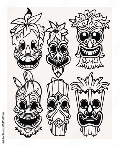 Unique Hand-Drawn Mask Designs Featuring Six Distinct Faces and Expressions