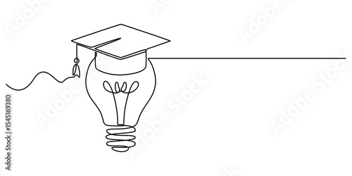 Light bulb and graduation cap continuous line drawn. Creative smart idea symbol. Vector illustration isolated on white, One single line drawing of bright lightbulb wearing graduation cap identity. 