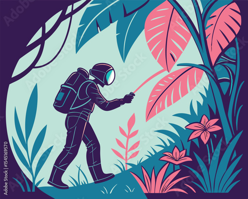 An astronaut exploring a lush jungle with large pink leaves and vibrant green foliage illustration art