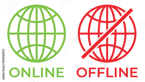 Online and Offline Internet Connection Icons – Flat Vector Set of Globe Symbols with Signal and No Signal Status in Red, Green, and Black, vector illustration.