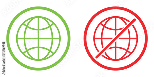 Online and Offline Internet Connection Icons – Flat Vector Set of Globe Symbols with Signal and No Signal Status in Red, Green, and Black, vector illustration.