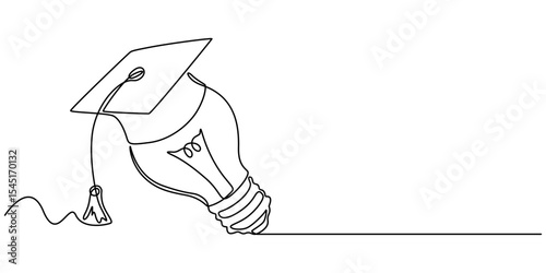 Light bulb and graduation cap continuous line drawn. Creative smart idea symbol. Vector illustration isolated on white, One single line drawing of bright lightbulb wearing graduation cap identity. 