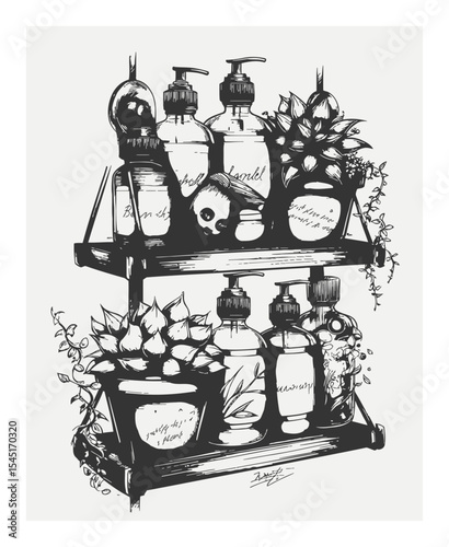 Hand-Drawn Illustration of Shelves with Bottles and Plants for Decoration