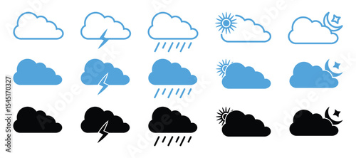 Weather Icons Set – Vector Collection of Forecast Symbols Including Sun, Clouds, Rain, Snow, Wind, and Moon, vector illustration.