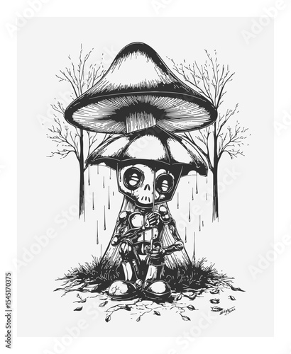 Hand-Drawn Skeleton Under a Mushroom in a Whimsical Forest Scene