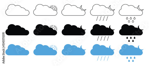Weather Icons Set – Vector Collection of Forecast Symbols Including Sun, Clouds, Rain, Snow, Wind, and Moon, vector illustration.