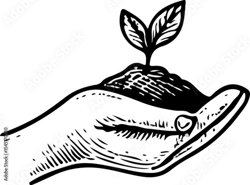 Hand holding a soil mound with a small sprouting plant, symbolizing growth, sustainability, care for nature, and ecological responsibility