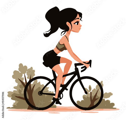 Cartoon Vector Illustration of a Young Woman Riding a Bicycle Outdoors