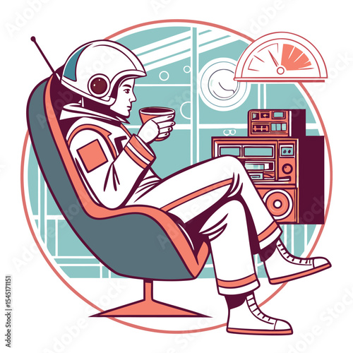 Astronaut relaxing in a chair with a cup of coffee and a retro stereo system in the background scene