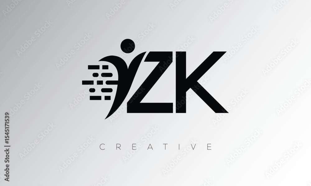 Fototapeta premium ZK Creative Digital Monogram Logo – Futuristic Letter mark Design Featuring Human Shape, Pixel Motion & Minimal Tech Style for Innovative Branding Identity