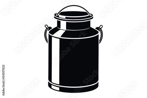 Black and white illustration of a vintage metal milk can with handles and lid