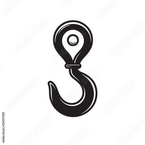 Black and white vintage art silhouette of a heavy duty crane hook isolated on a white background