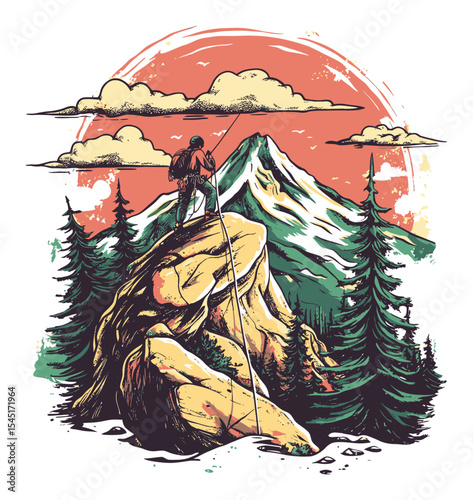 Adventurer on Mountain Top with Colorful Sunset and Scenic Nature Illustration