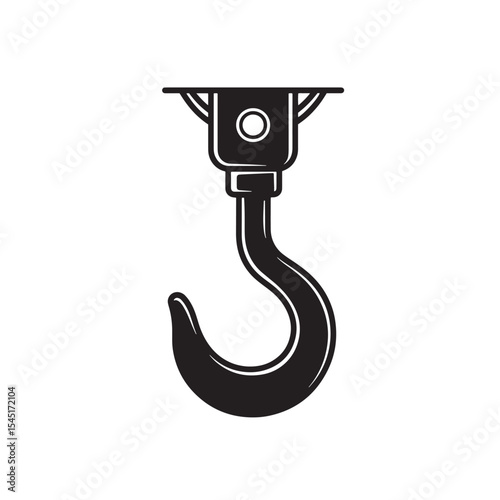 Classic industrial hook icon in black and white vintage art silhouette for construction and lifting