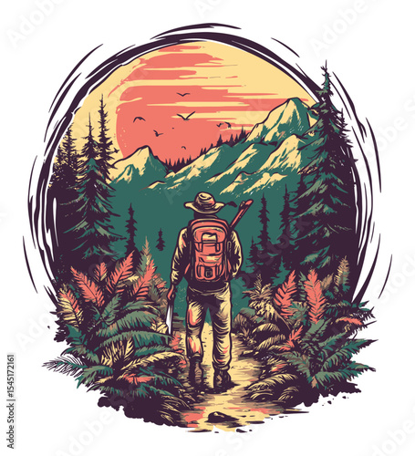 Adventurer Standing in Nature with Mountains and Sunset Illustration