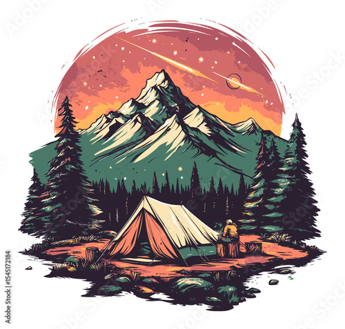 Serene Camping Scene with Majestic Mountains and Starry Sky at Dusk