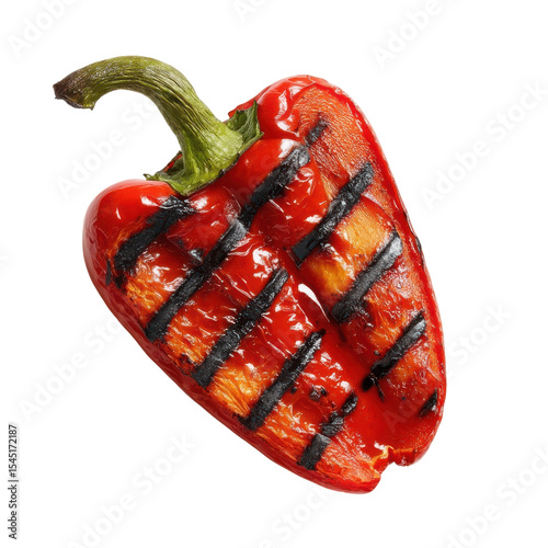 Charred Red Bell Pepper: A single charred red bell pepper, with distinct grill marks and a vibrant hue, showcasing the art of grilling and the essence of culinary delight.