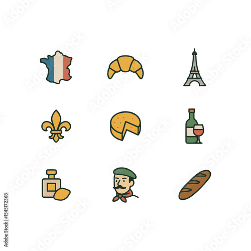 Set of 9 France icons, flag and national symbols. Simple cartoon style illustration.