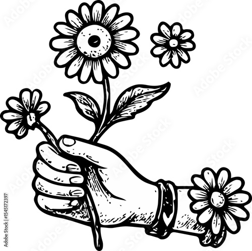 Black and white hand-drawn illustration of a hand holding blooming flowers, with additional floating blossoms, emphasizing delicate linework and botanical elegance