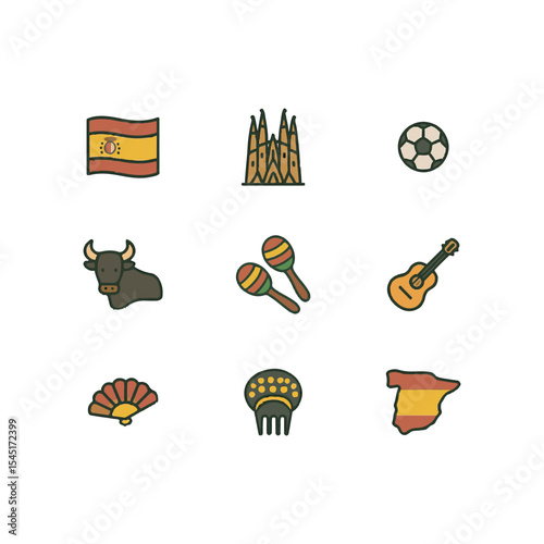 Set of 9 Spain icons, flag and national symbols. Simple cartoon style illustration.