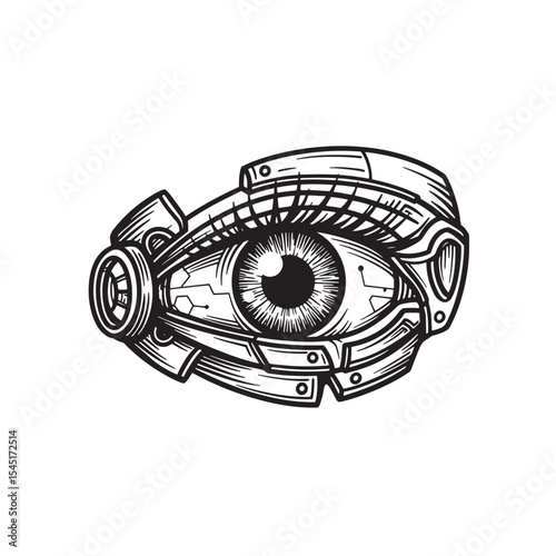 Detailed vintage art silhouette illustration of a futuristic cybernetic eye with mechanical components