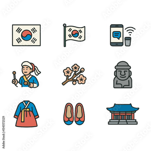 Set of 9 Korea icons, flag and national symbols. Simple cartoon style illustration.