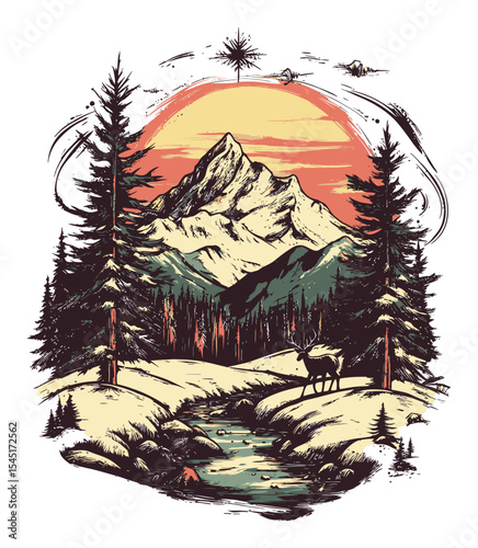 Majestic Mountain Landscape with Forest and Stream in Vintage Style Illustration