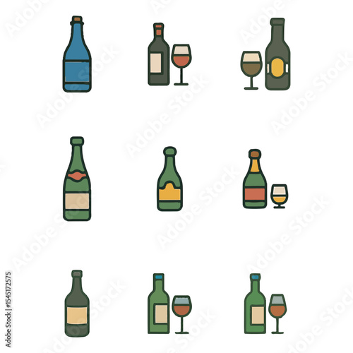 Set of 9 Wine Bottles icons. Simple cartoon style illustration.