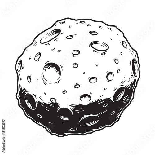 Detailed vintage art silhouette illustration of an asteroid featuring craters and rough surface in black and white